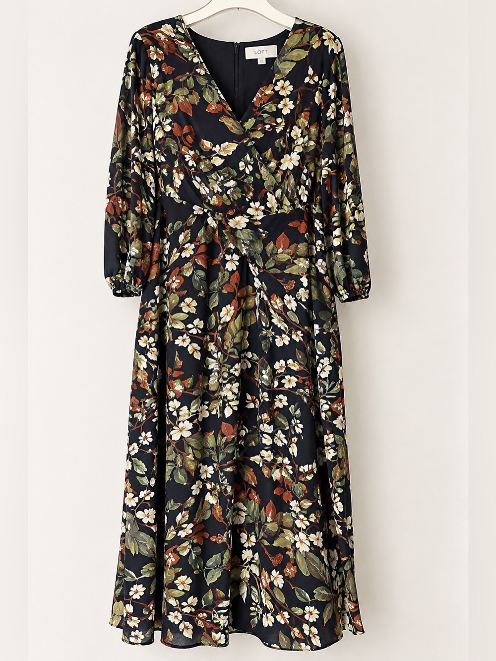 LOFT Size 12 Floral Botanical Faux Wrap Midi Dress,3/4 sleeve, side slit